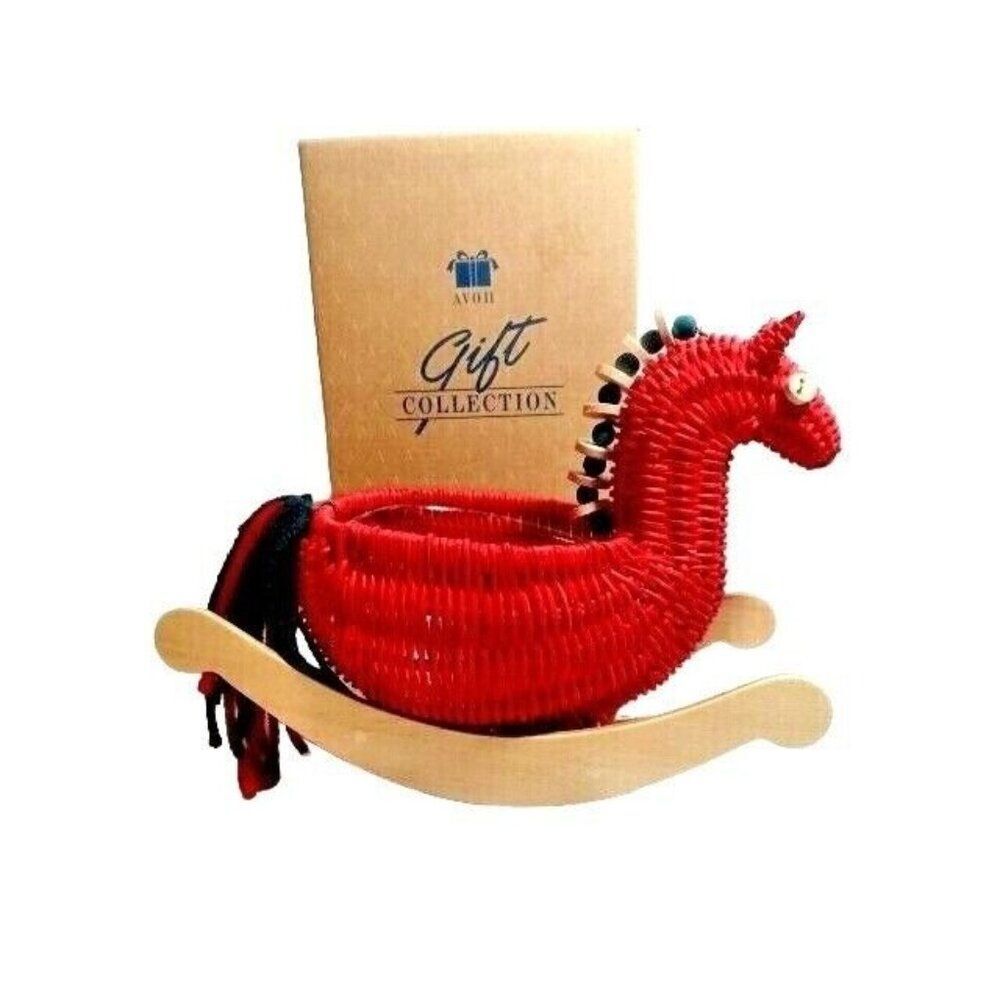 Avon Wicker Rocking Horse Red Basket Shelf Sitter Wood Yarn Tail 8-Inch Vintage